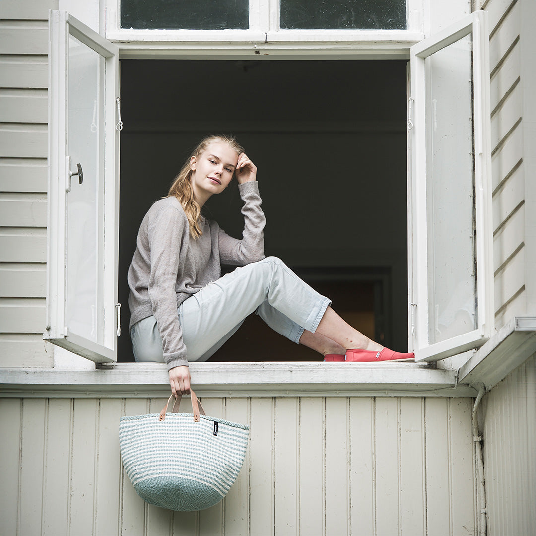 肯亞 手工編織籃(綠白條紋)