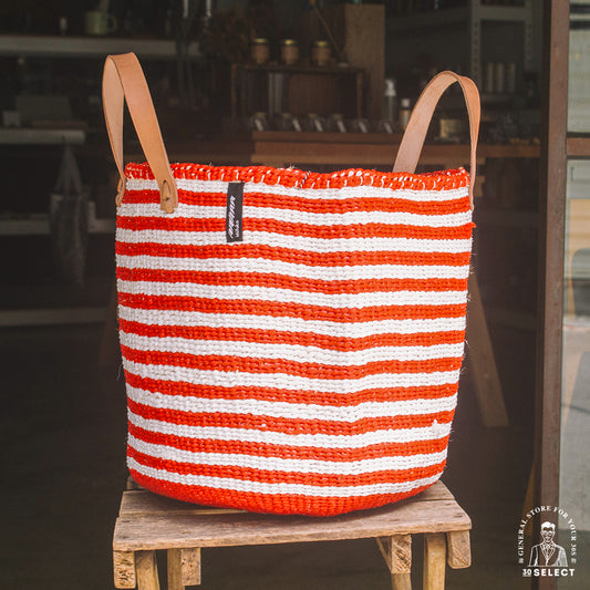 肯亞 雙把 手工編織籃(紅白條紋)