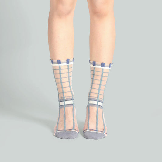 慢板藍點點格子透紗中筒女襪