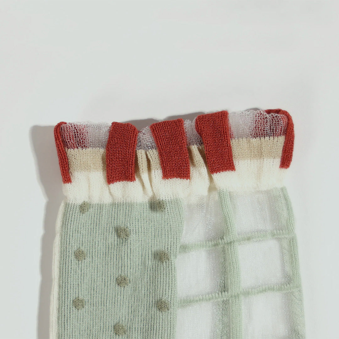 薄荷糖點點格子透紗中筒女襪