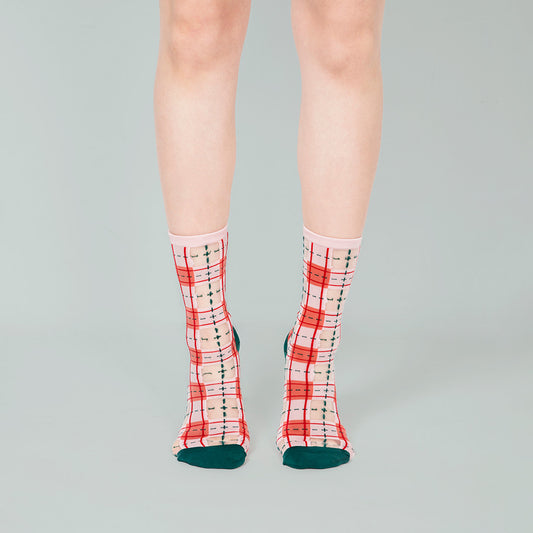 灰玫粉經典格紋透紗中筒女襪