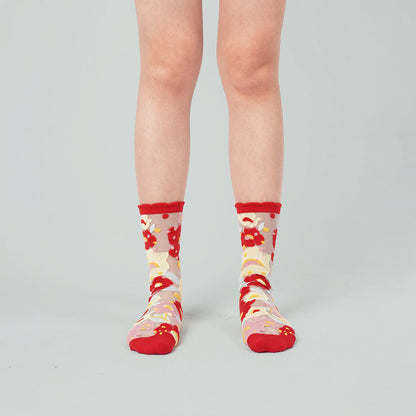 蘋果紅小花透紗中筒女襪