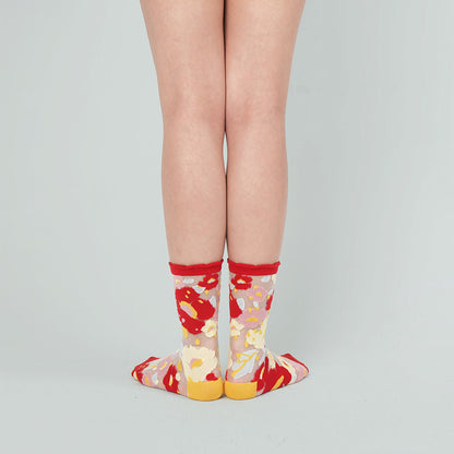 蘋果紅小花透紗中筒女襪