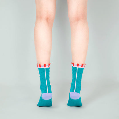 一抹綠點點格子透紗中筒女襪