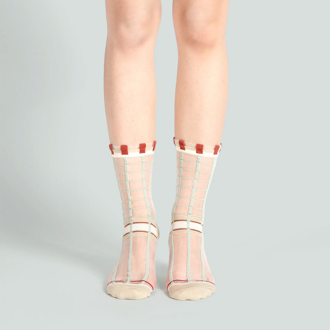 薄荷糖點點格子透紗中筒女襪