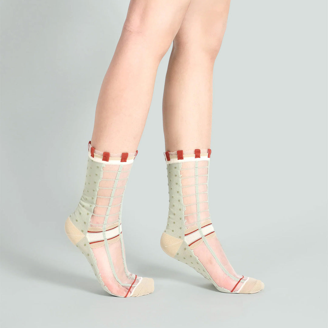 薄荷糖點點格子透紗中筒女襪