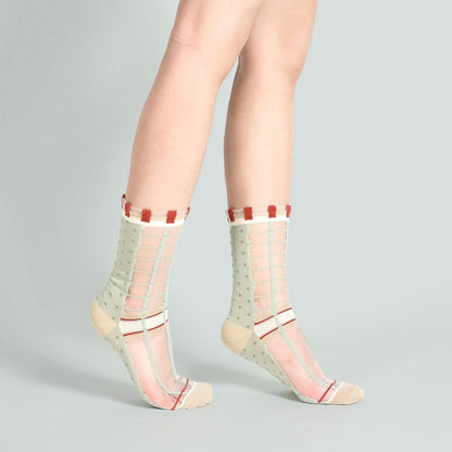 薄荷糖點點格子透紗中筒女襪