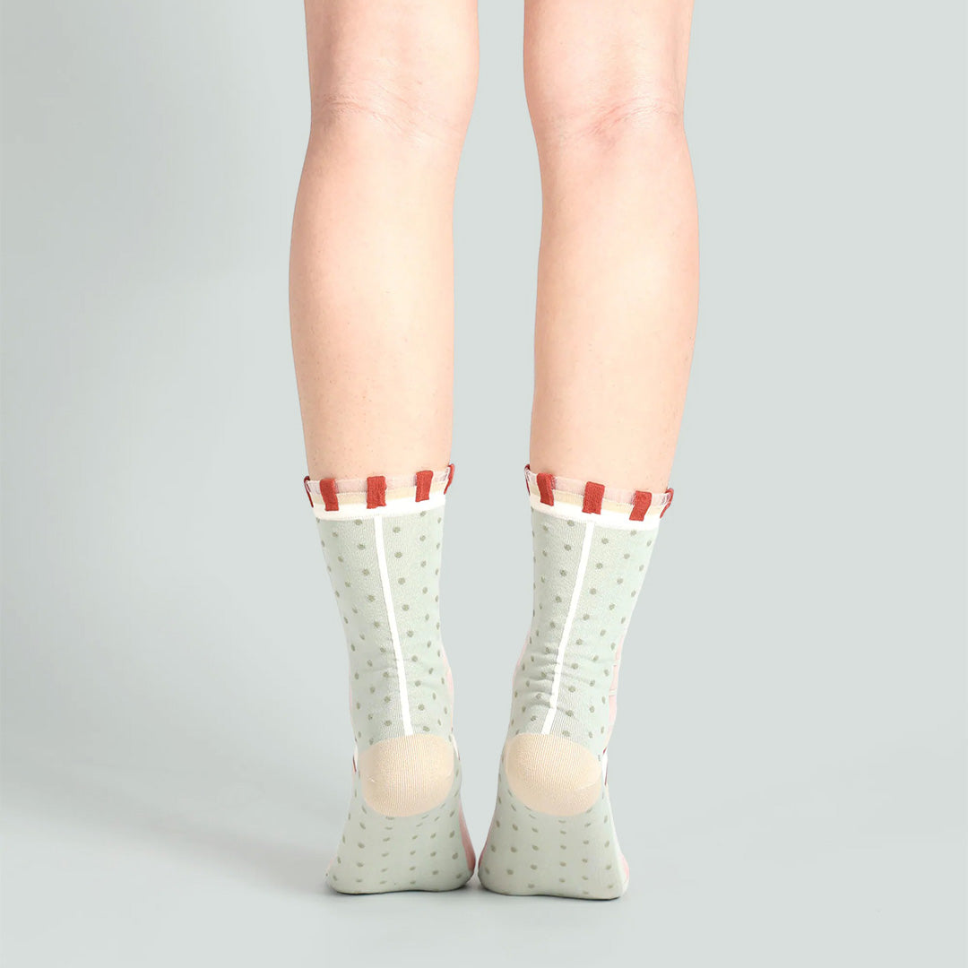 薄荷糖點點格子透紗中筒女襪