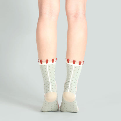 薄荷糖點點格子透紗中筒女襪