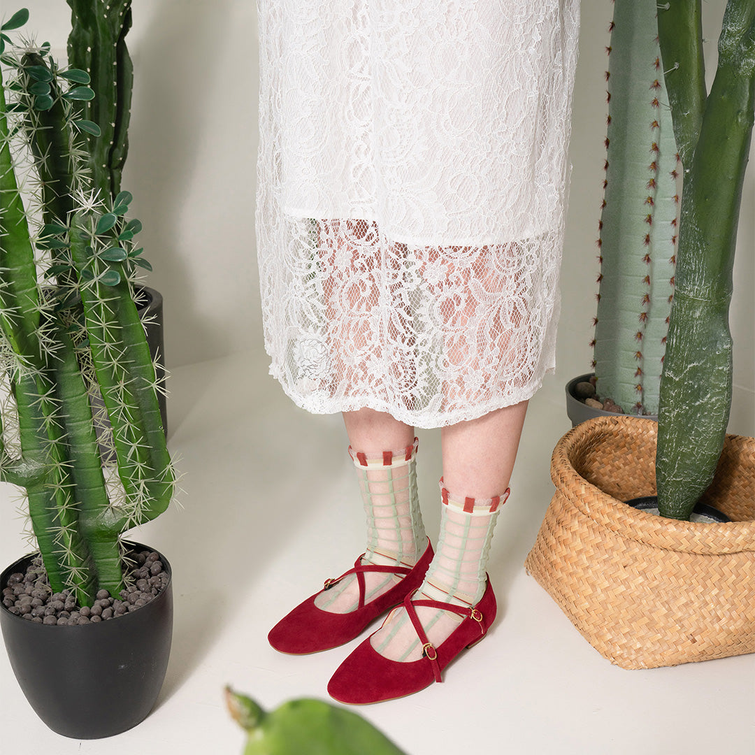 薄荷糖點點格子透紗中筒女襪