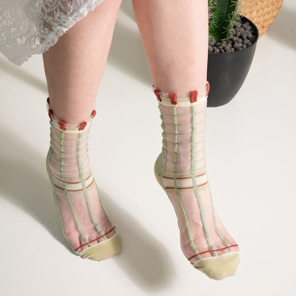 薄荷糖點點格子透紗中筒女襪