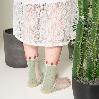 薄荷糖點點格子透紗中筒女襪