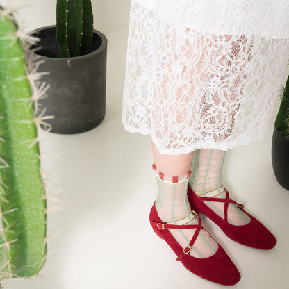 薄荷糖點點格子透紗中筒女襪