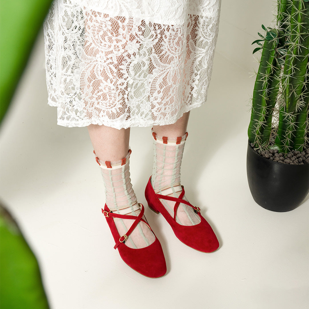 薄荷糖點點格子透紗中筒女襪