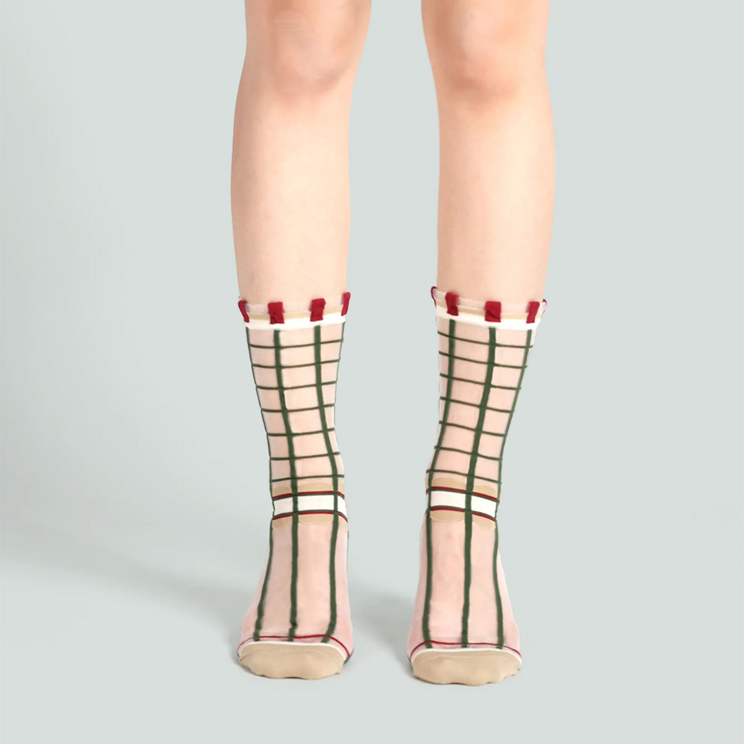 莓果舖點點格子透紗中筒女襪