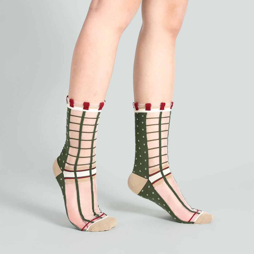 莓果舖點點格子透紗中筒女襪