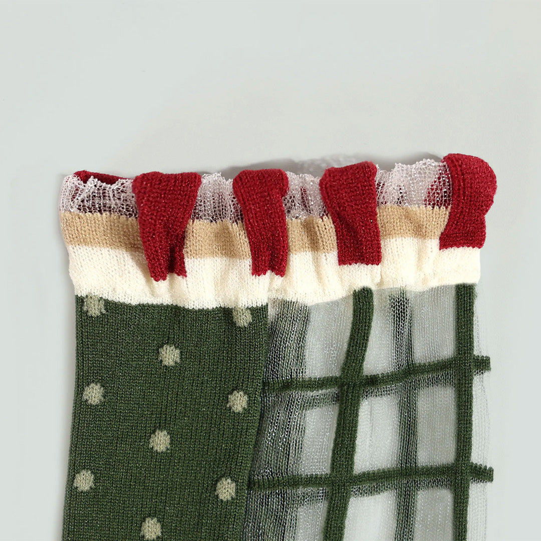 莓果舖點點格子透紗中筒女襪