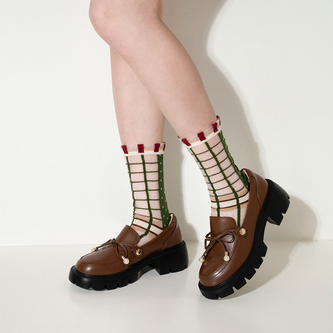 莓果舖點點格子透紗中筒女襪