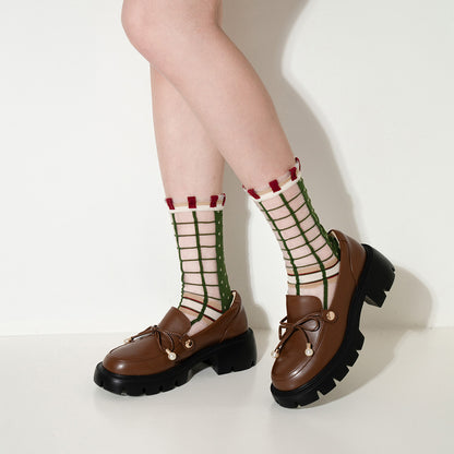 莓果舖點點格子透紗中筒女襪