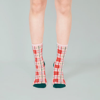 灰玫粉經典格紋透紗中筒女襪