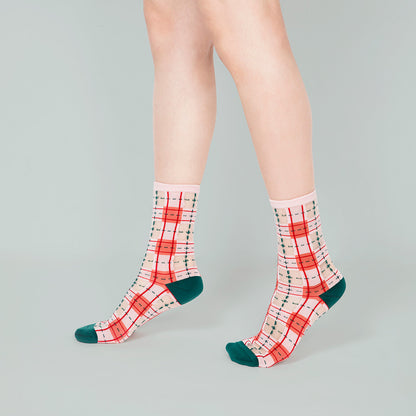 灰玫粉經典格紋透紗中筒女襪