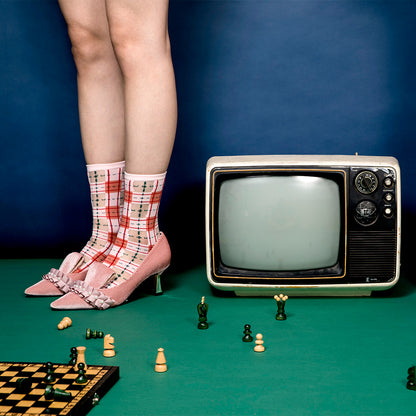 灰玫粉經典格紋透紗中筒女襪