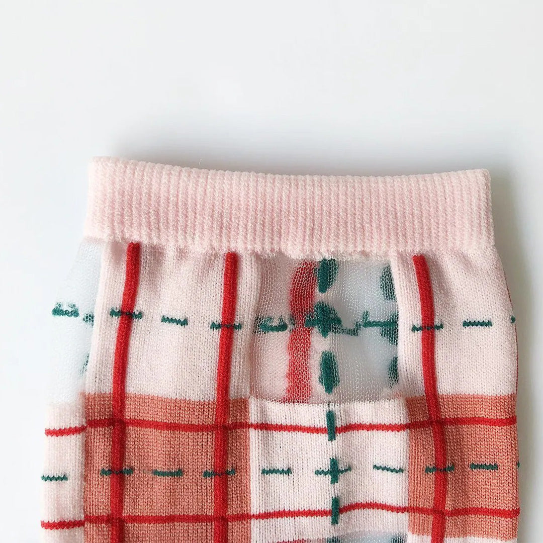 灰玫粉經典格紋透紗中筒女襪